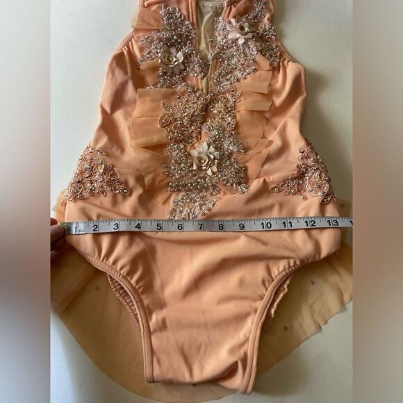 Glamour solo custom dance costume lyrical peach rhinestone mesh dress CXL adu XS - Picture 6 of 10